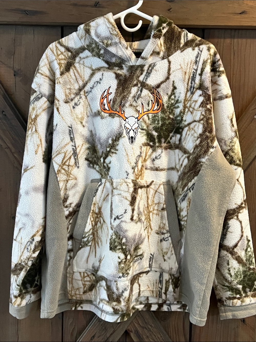 True Timber Snow Camo Polar Fleece Men’s XL Hooded White Pullover Hoodie, pocket
